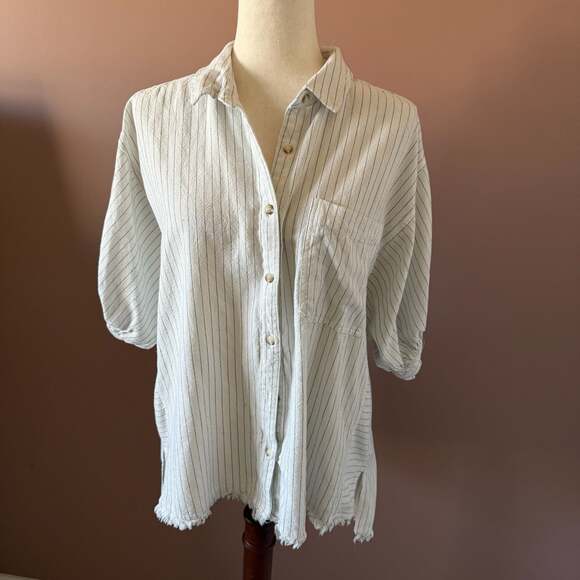 Umgee Tops - Umgee Stitch Stripe Linen Blend Raw Hem Button Down Top